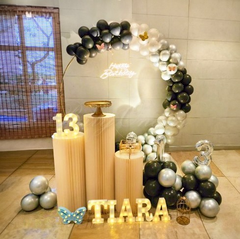 party artists Black and White Birthday Decor with Balloon Pillars
