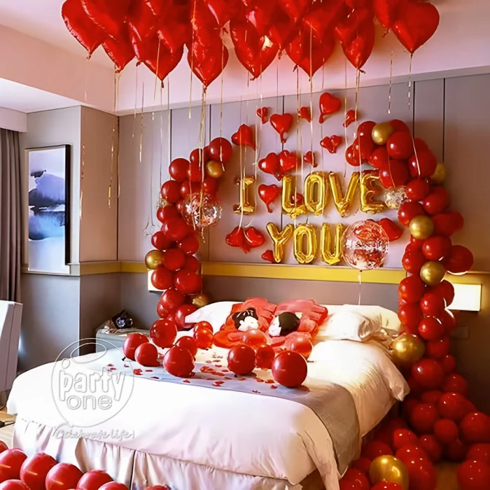 birthday I Love You Balloon Decor with Ceiling Hearts