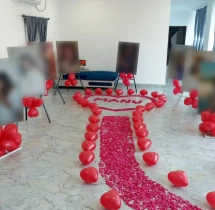surprises surprise decorations Photo Balloon Decor with Rose Petal Path