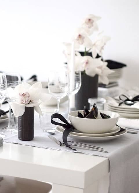 black and white table setting